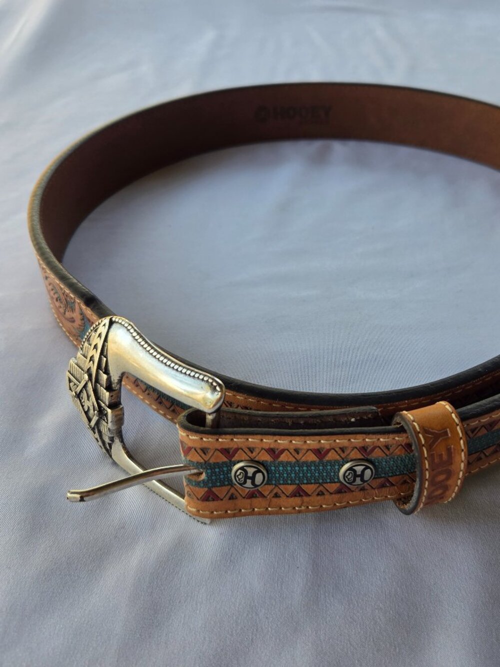 Hooey War Paint Mens Western Leather Belt Tooled Turquoise Red HMBLT004 Size 40